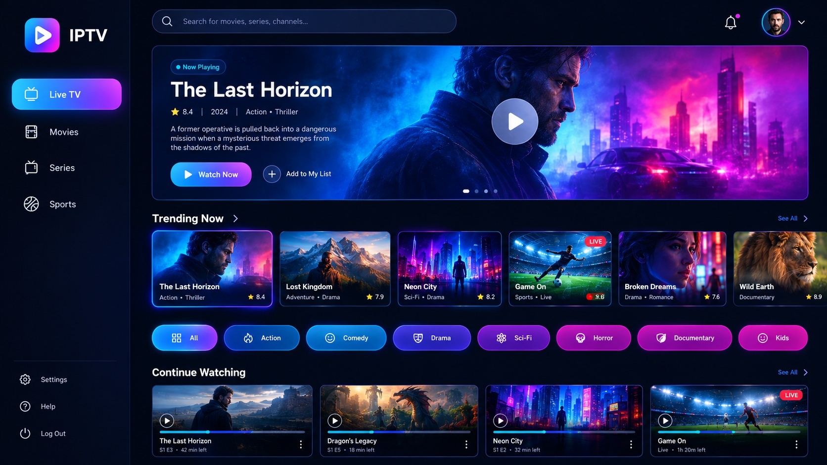 Dark-themed IPTV streaming platform dashboard UI with hero banner, trending movies, and category filters